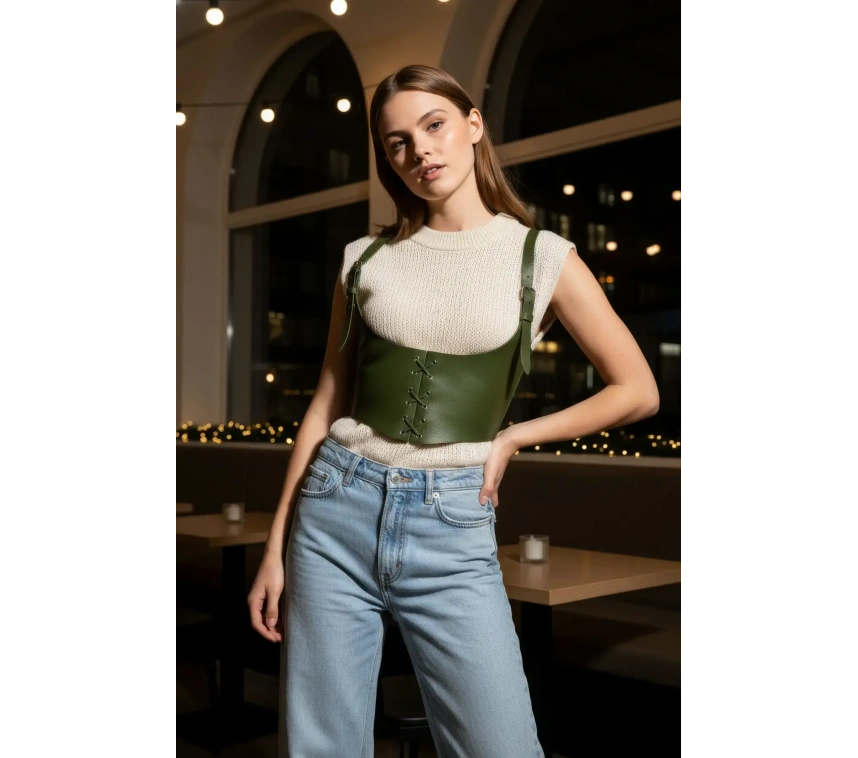 Haki Kadın Kemer Bağcıklı Suni Deri Korse Kemer - Brf1428