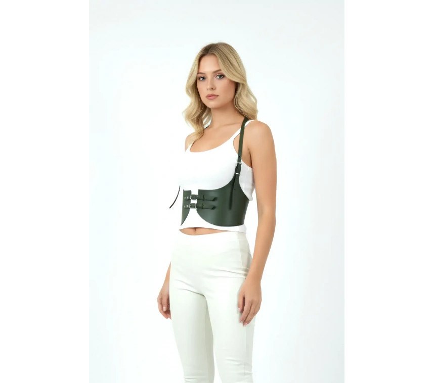 Haki Renk Kalın Kadın Kemeri, Deri Kemer Harness - Brf605