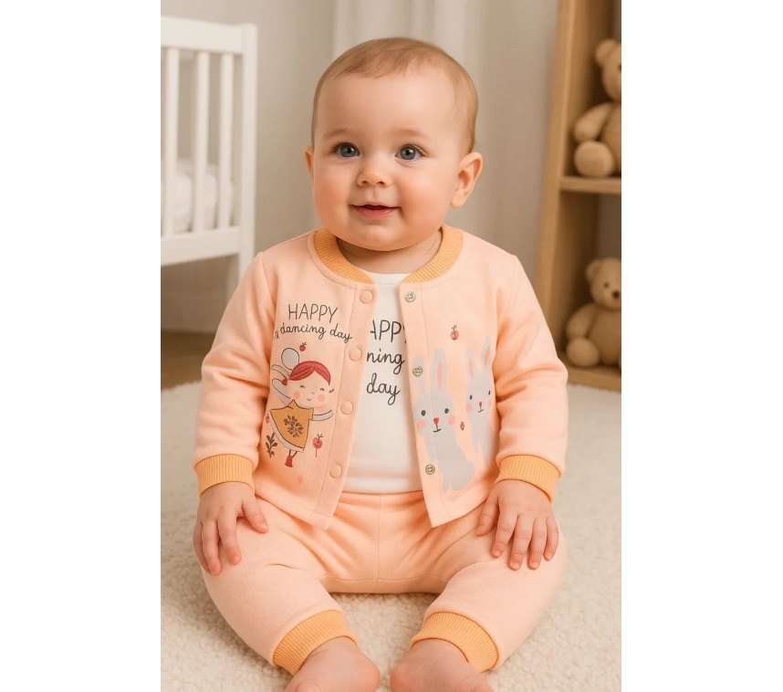 Happy Dancing Desenli 3lü Hırkalı Kız Bebek Takım