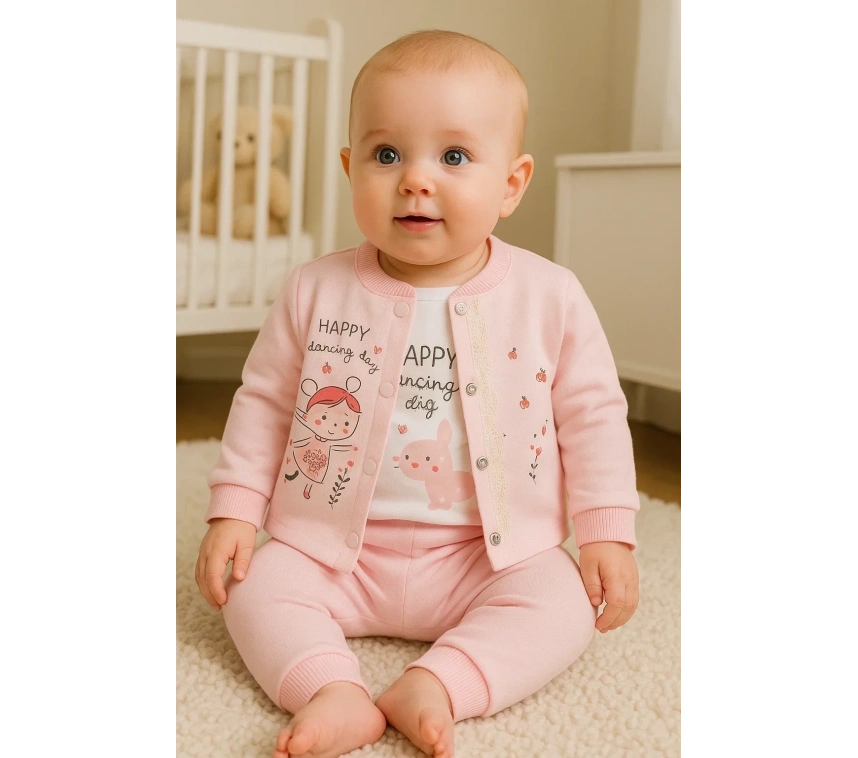 Happy Dancing Desenli 3lü Hırkalı Kız Bebek Takım