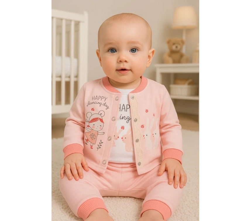 Happy Dancing Desenli 3lü Hırkalı Kız Bebek Takım