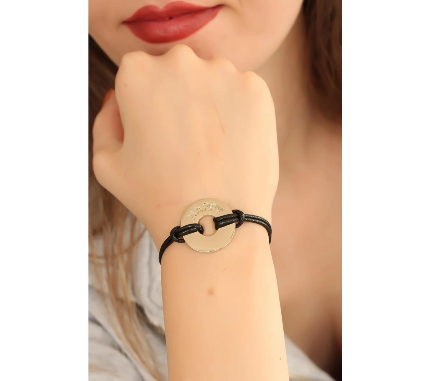 HAPPY (Mutlu) Siyah Deri İpli Unisex Mood Bileklik