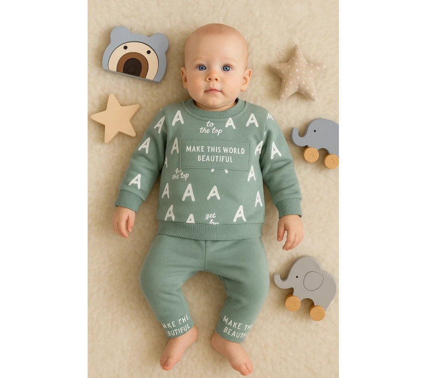 Harf Baskılı 2li % 100 Pamuk Erkek Bebek Takımı