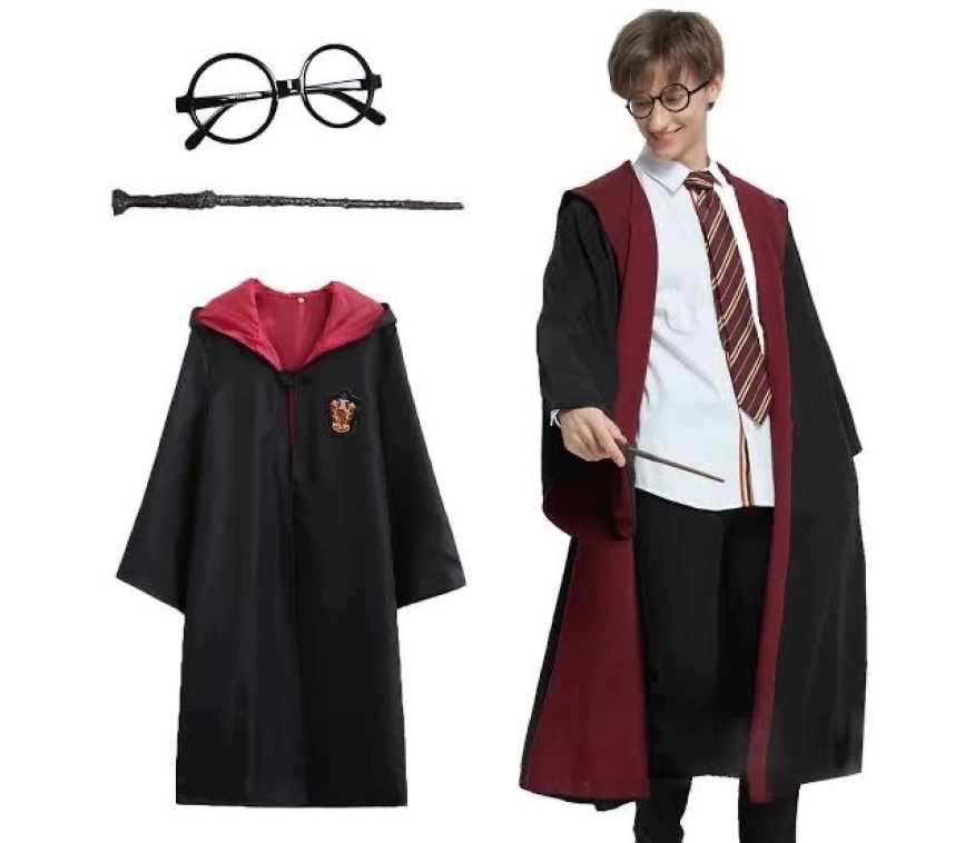 Harry Potter Gryffindor Kapişonlu Çocuk Kostüm + Asa + Gözlük Seti 11-12 Yaş