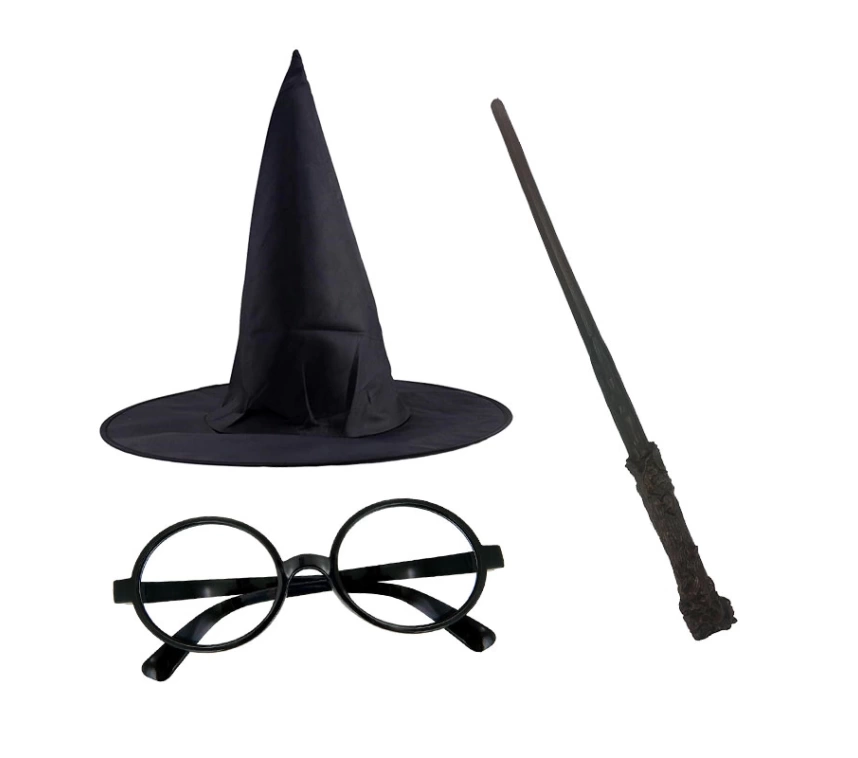 Harry Potter Siyah Şapkası Harry Potter Gözlüğü Harry Potter Asası 3 lü Set