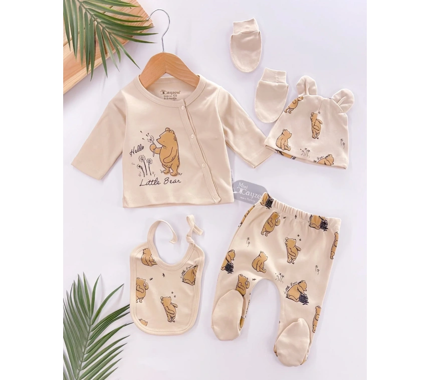 Hello Little Bear Baskılı 5 Parça %100 Pamuk Erkek Bebek Hastane Çıkışı