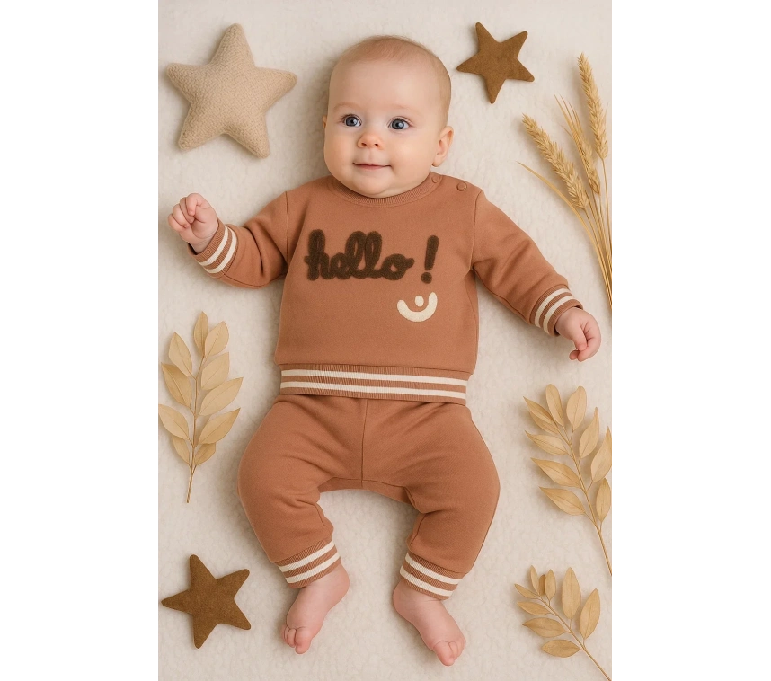 Hello Nakışlı % 100 Pamuk 2li Erkek Bebek Takım