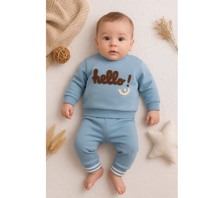 Hello Nakışlı % 100 Pamuk 2li Erkek Bebek Takım