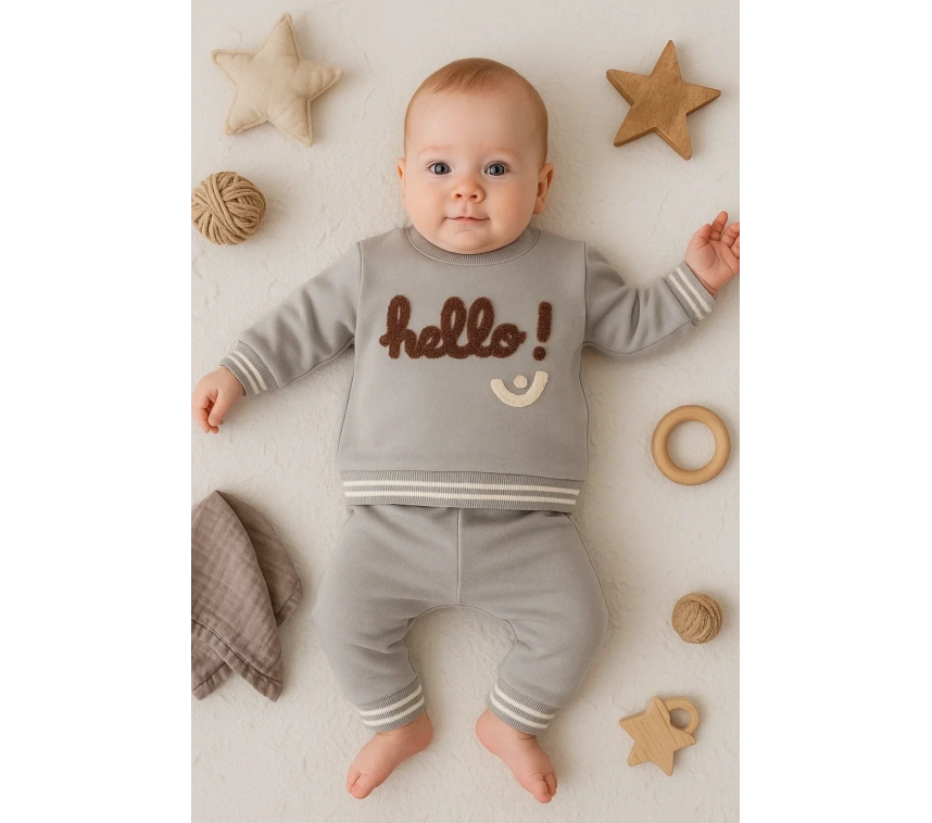 Hello Nakışlı % 100 Pamuk 2li Erkek Bebek Takım