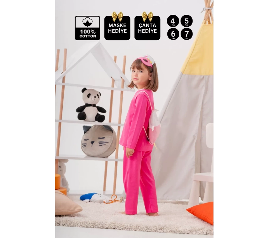 Heroıne Desenli Çanta Ve Maskeli % 100 Pamuk Kız Çocuk Pijama Takımı