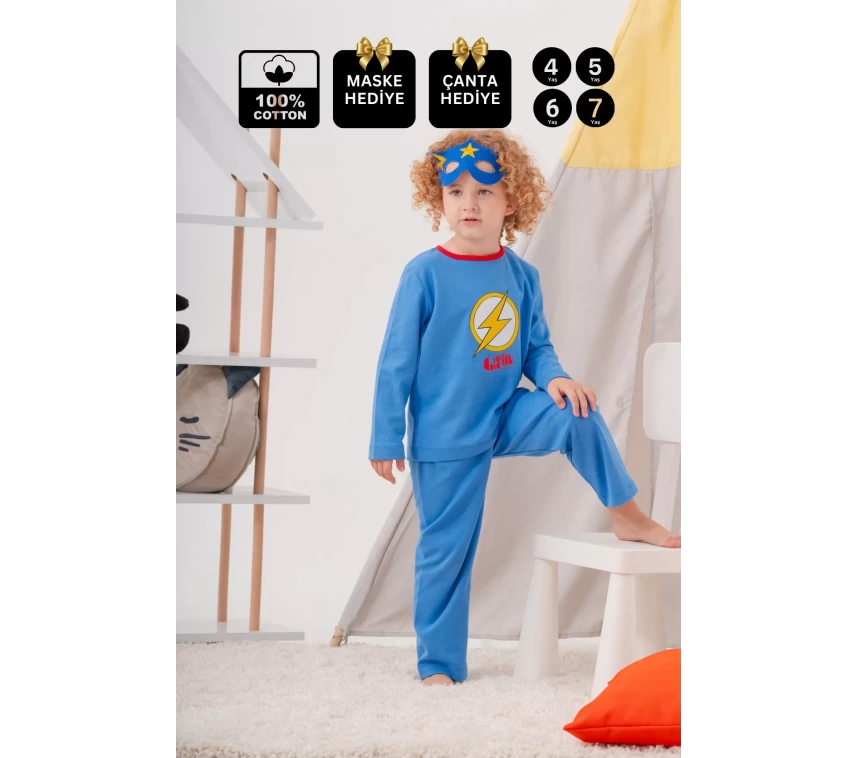 Heros Desenli Çanta Ve Maskeli % 100 Pamuk Erkek Çocuk Pijama Takımı