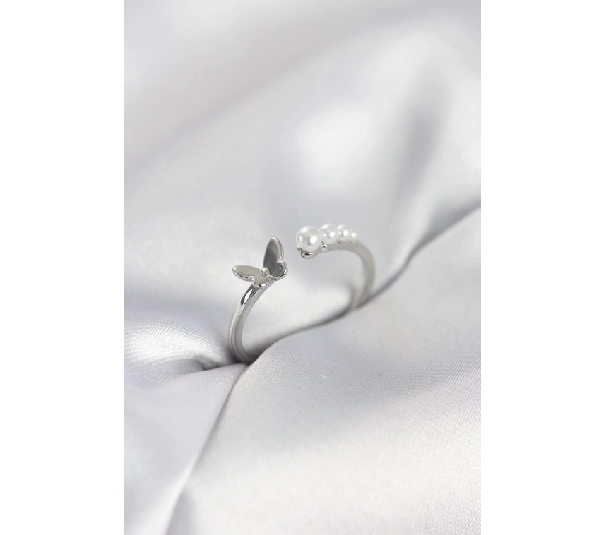 İncili Kelebek Model Gümüş Renk Pirinç Kadın Yüzük