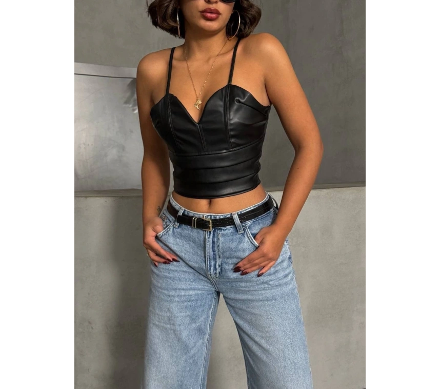 İp askılı yandan fermuarlı rastale deri crop siyah