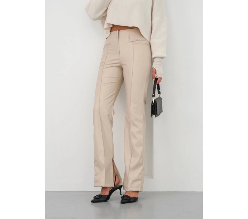 İspanyol yırtmaçlı paça deri pantolon bej hn