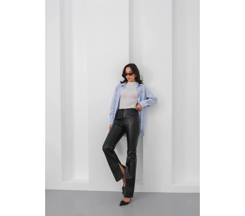 İspanyol yırtmaçlı paça deri pantolon siyah hn