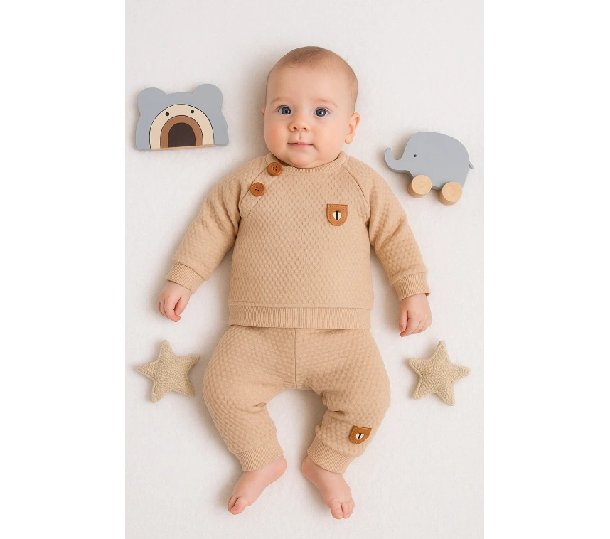 Jakarlı Omuzdan Düğmeli 2li Erkek Bebek Takımı