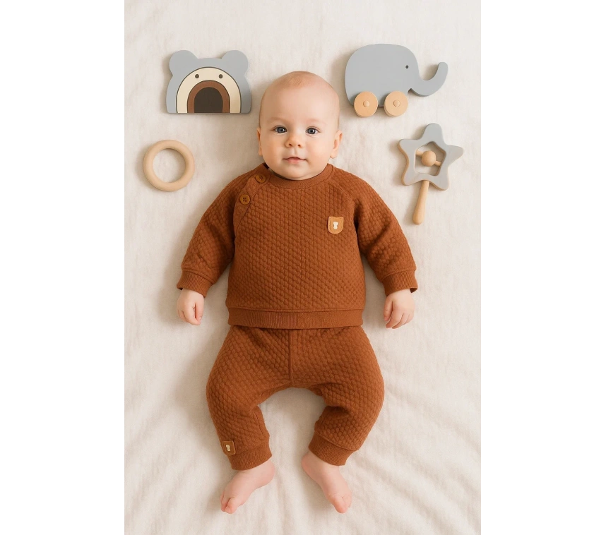 Jakarlı Omuzdan Düğmeli 2li Erkek Bebek Takımı