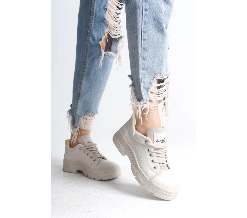JANE Bağcıklı Ortopedik Taban Kadın Sneaker Spor Ayakkabı  KT - Krem