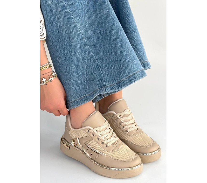 Junda Bej Cilt Bağcıklı Spor Ayakkabı