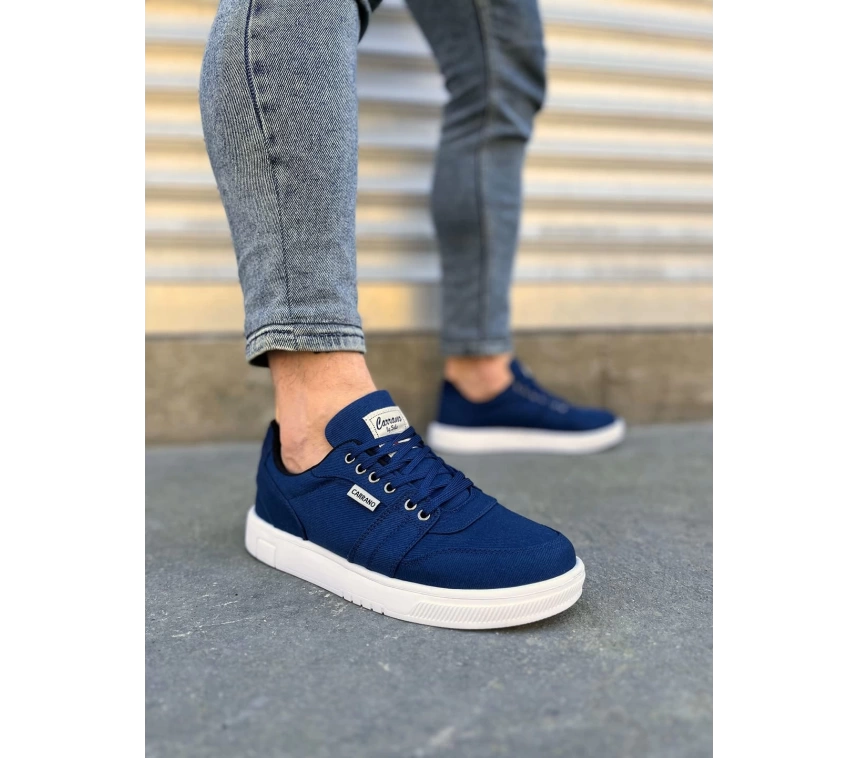 JY0118 REX Bağcıklı Keten Kumaş Erkek Günlük Sneaker Ayakkabı KBT - Lacivert