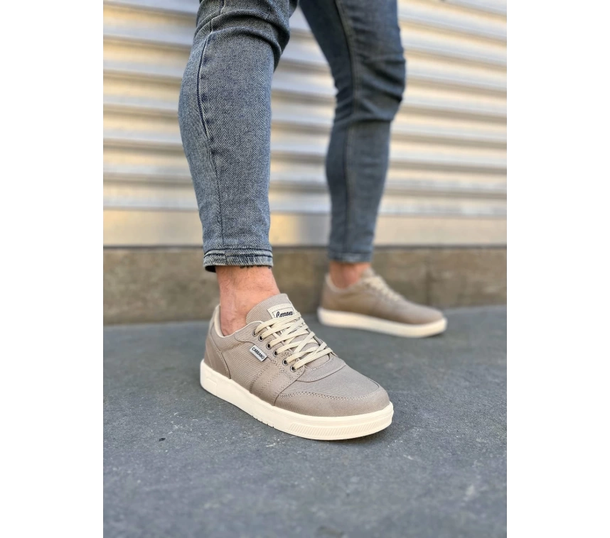 JY0118 REX Bağcıklı Keten Kumaş Erkek Günlük Sneaker Ayakkabı KKT - Bej