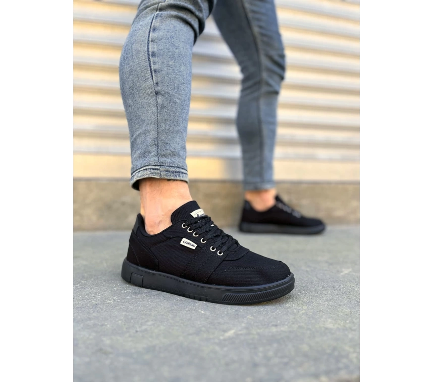 JY0118 REX Bağcıklı Keten Kumaş Erkek Günlük Sneaker Ayakkabı KST - Siyah