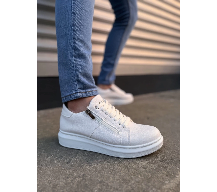 JY155 Warrior Bağcıklı ve Fermuarlı Cilt Erkek Günlük Sneaker Ayakkabı CBT - Beyaz