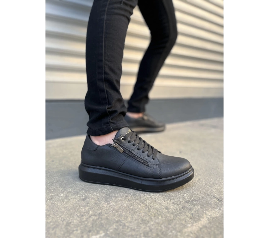 JY155 Warrior Bağcıklı ve Fermuarlı Cilt Erkek Günlük Sneaker Ayakkabı CST - Siyah