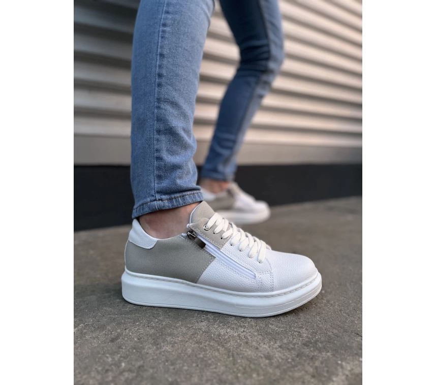 JY155 Warrior Bağcıklı ve Fermuarlı Cilt Süet Erkek Günlük Sneaker Ayakkabı CSBT - Beyaz/Gri