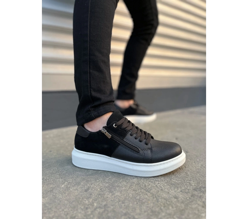 JY155 Warrior Bağcıklı ve Fermuarlı Cilt Süet Erkek Günlük Sneaker Ayakkabı CSBT - Siyah