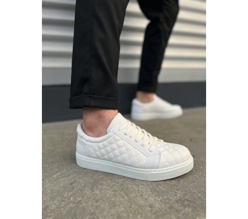 JY166 Prestige Bağcıklı Cilt Kapitone Desenli Erkek Günlük Sneaker Ayakkabı CBT - Beyaz