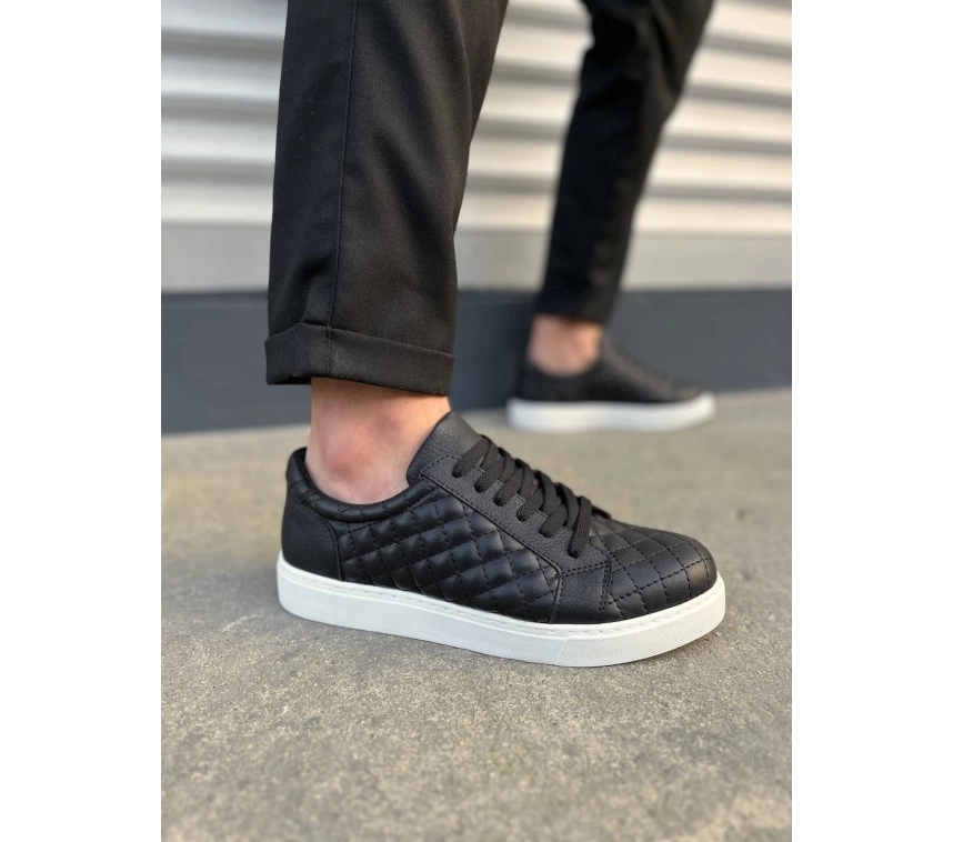 JY166 Prestige Bağcıklı Cilt Kapitone Desenli Erkek Günlük Sneaker Ayakkabı CBT - Siyah
