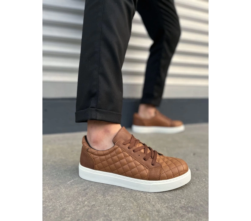 JY166 Prestige Bağcıklı Cilt Kapitone Desenli Erkek Günlük Sneaker Ayakkabı CBT - Taba
