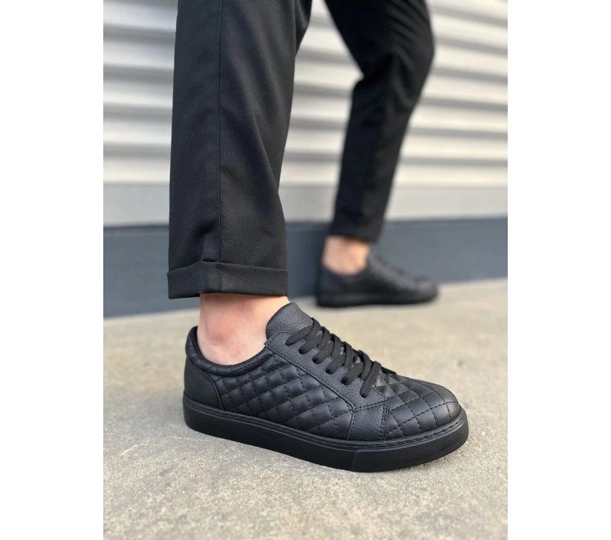 JY166 Prestige Bağcıklı Cilt Kapitone Desenli Erkek Günlük Sneaker Ayakkabı CST - Siyah