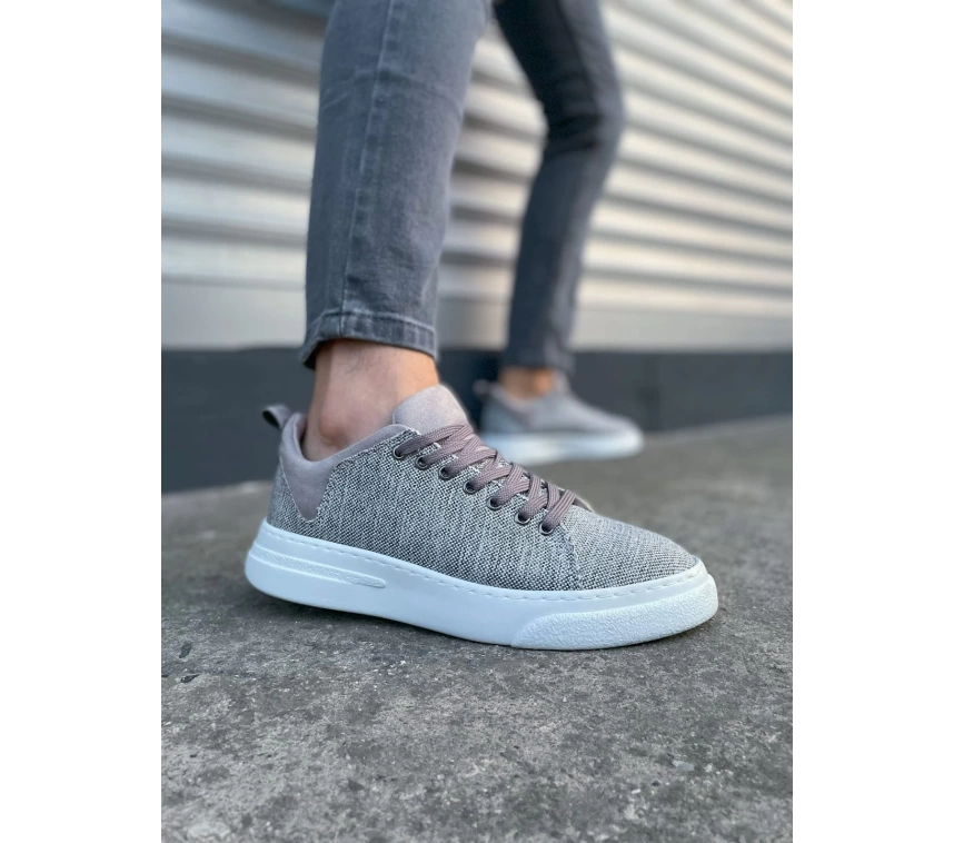 JY204 Flex Bağcıklı Keten Kumaş Erkek Günlük Sneaker Ayakkabı KBT - Gri