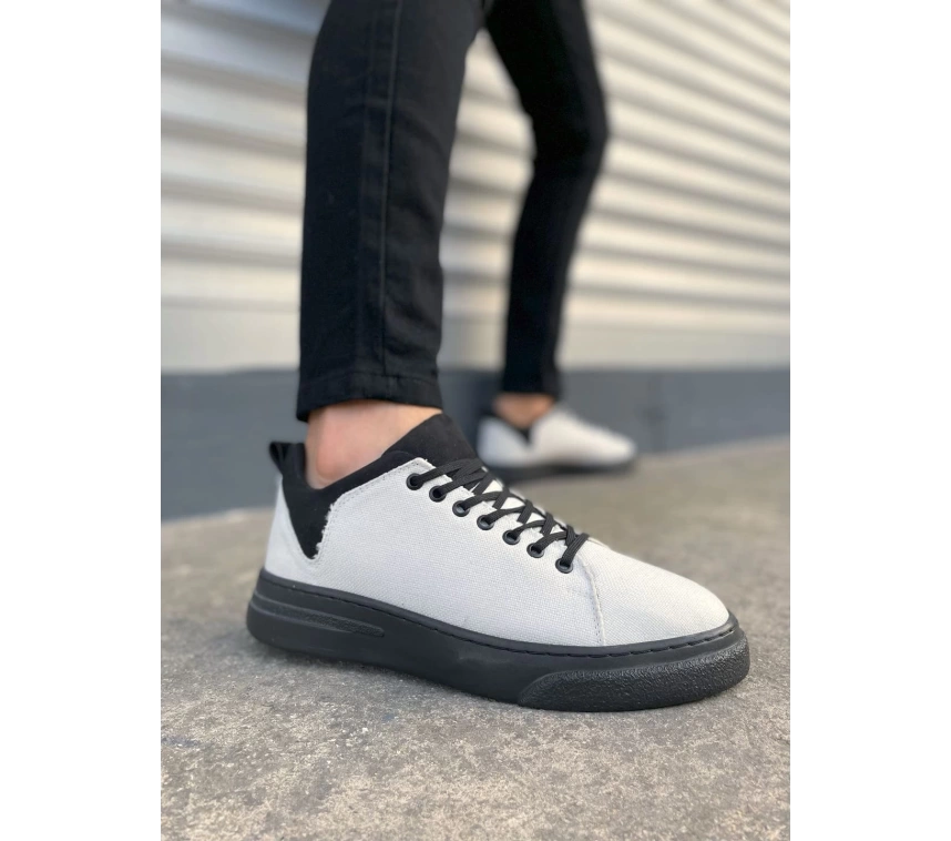 JY204 Flex Bağcıklı Keten Kumaş Erkek Günlük Sneaker Ayakkabı KST - Beyaz/Siyah