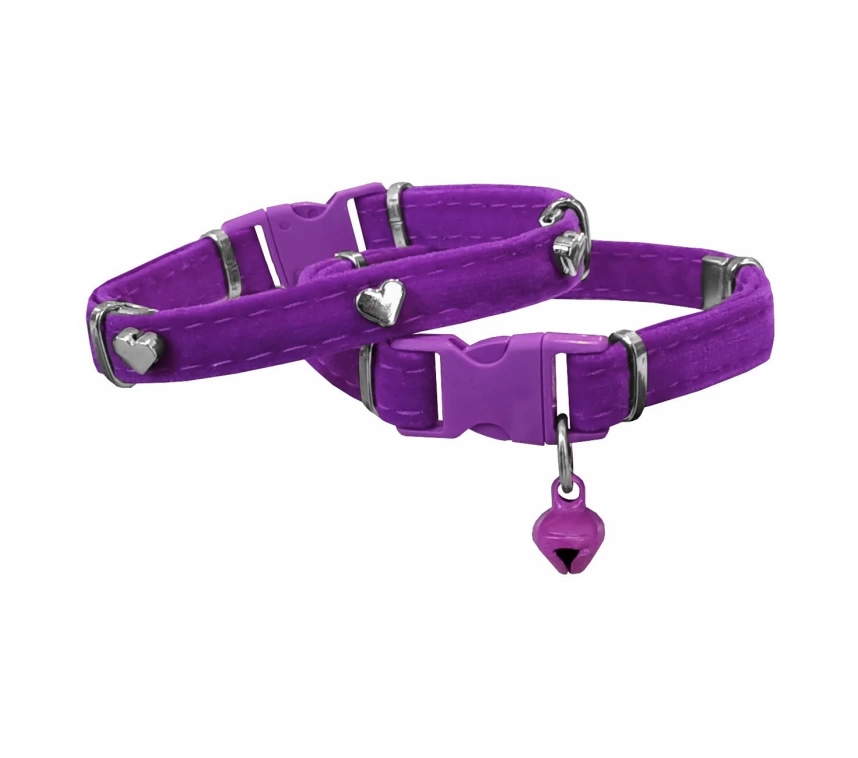 Kadife Kedi Boyun Tasması Kalpli 20-32 cm Mor