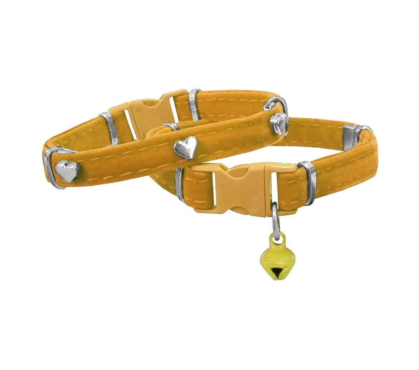 Kadife Kedi Boyun Tasması Kalpli 20-32 cm Sarı
