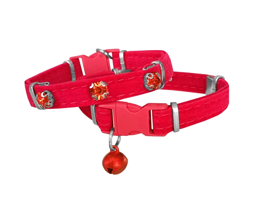 Kadife Kedi Boyun Tasması Taşlı 20-32 cm Kırmızı