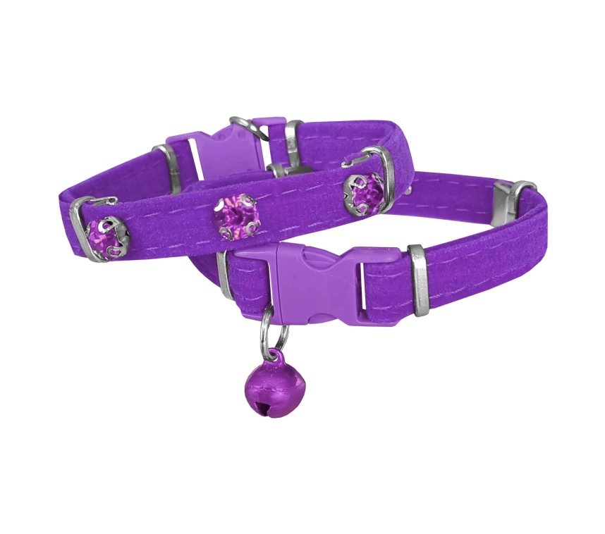 Kadife Kedi Boyun Tasması Taşlı 20-32 cm Mor