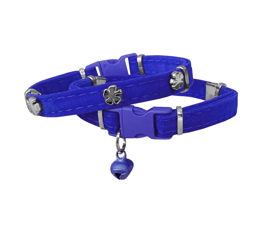 Kadife Kedi Boyun Tasması Yoncalı 20-32 cm Mavi