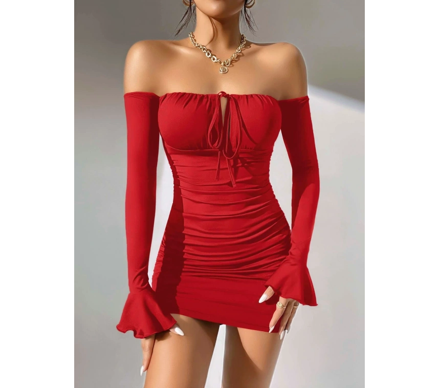 Kadın Kırmızı Dalgıç Kumaş İspanyol Kol Fantezi Elbise 5151