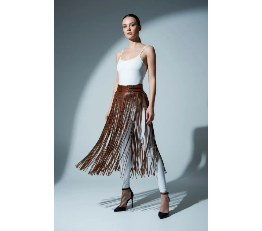 Kahverengi Etek Deri Görünümlü Püsküllü Yüksek Bel Etek - Brf1090