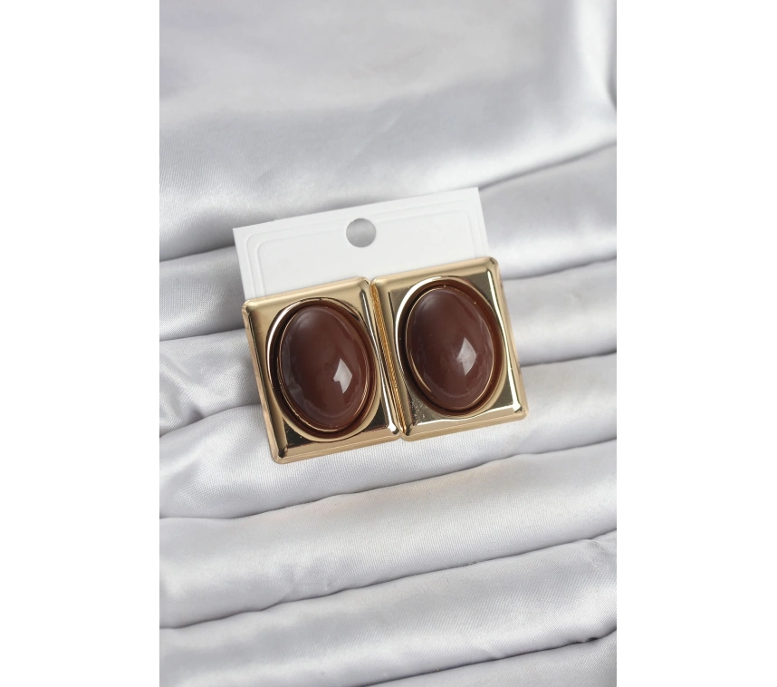 Kahverengi Kare Model Vintage Gold Renk Kadın Küpe