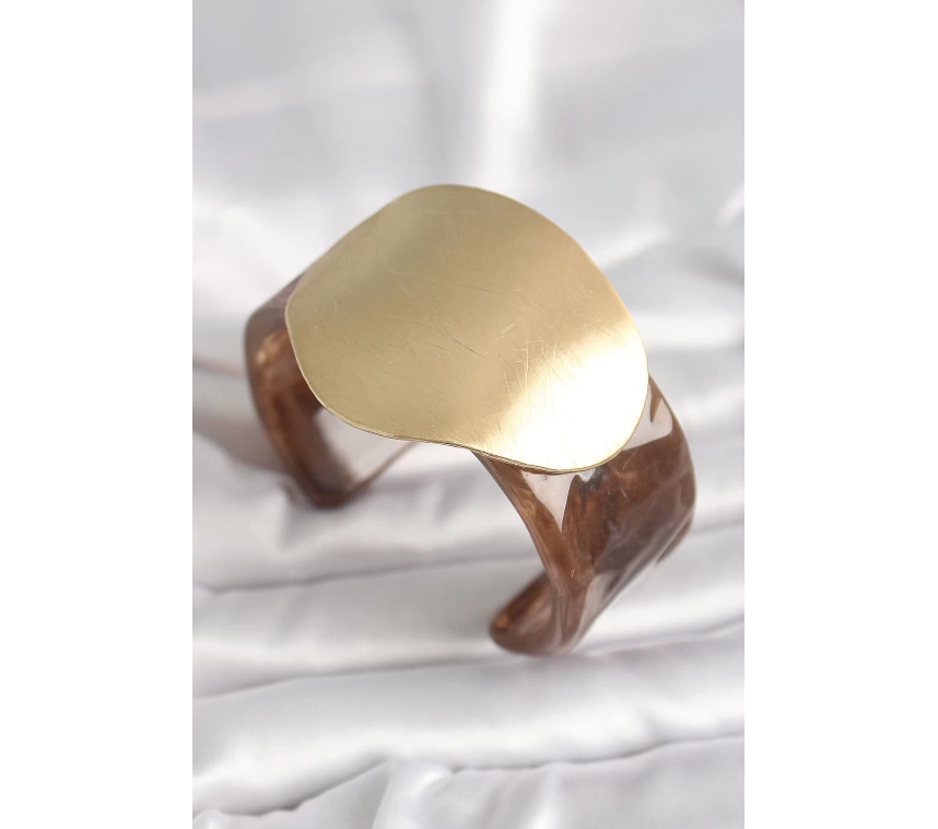 Kahverengi Mermer Desen Akrilik Plastik Gold Daire Plaka Model Vintage Kadın Bilezik