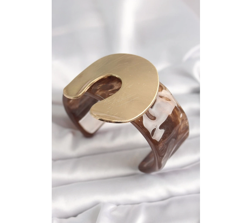 Kahverengi Mermer Desen Akrilik Plastik Gold Nal Model Plaka Vintage Kadın Bilezik