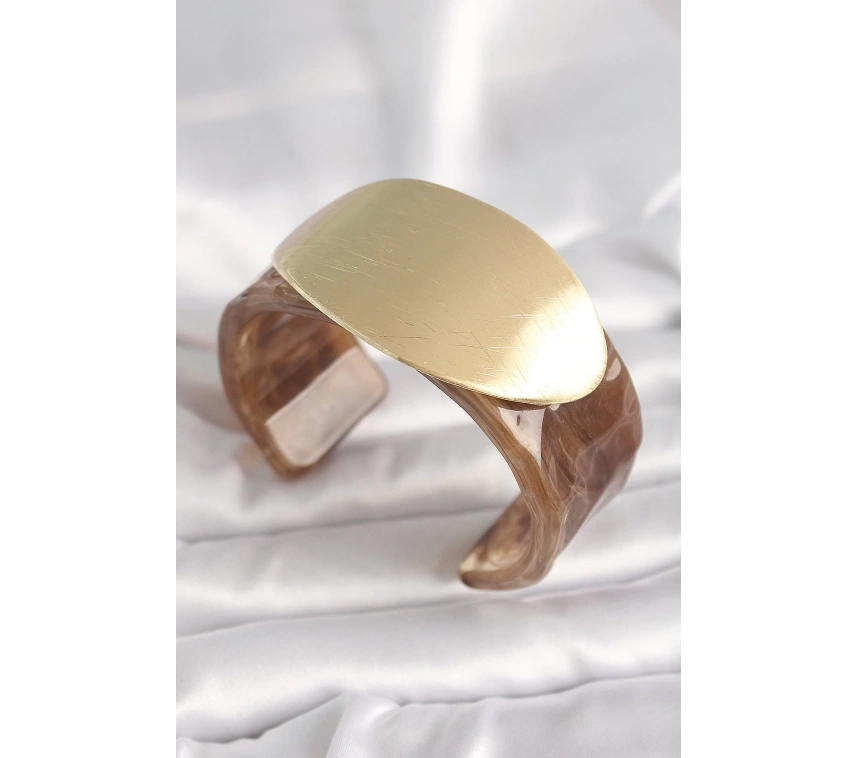 Kahverengi Mermer Desen Akrilik Plastik Gold Oval Plaka Model Vintage Kadın Bilezik