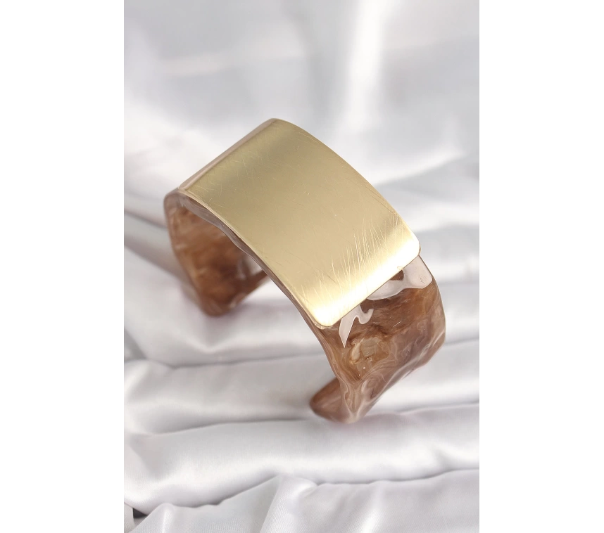 Kahverengi Mermer Desen Akrilik Platik Gold Dikdörtgen Plaka Model Vintage Kadın Bilezik