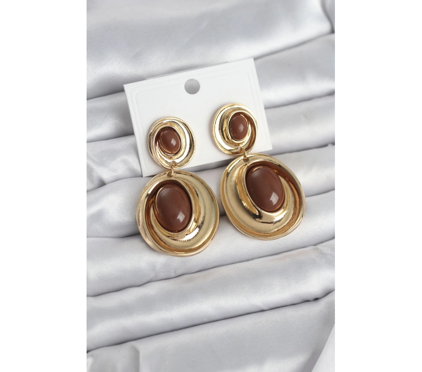 Kahverengi Sallantılı Damla Model Gold Renk Vintage Kadın Küpe