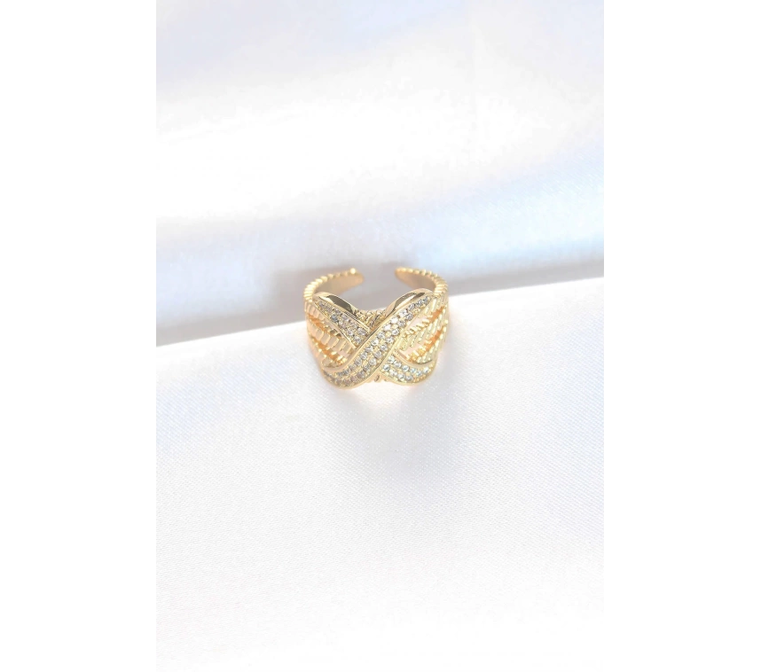 Kalın Zirkon Taşlı Gold Renk Ayarlanabilir X Tasarım Yüzük